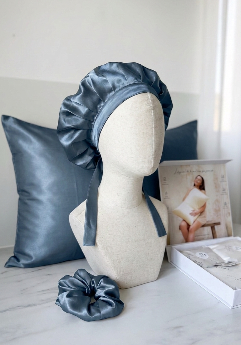 Bonnet en soie chouchou en soie et taie d'oreiller en soie couleur bleu gris 