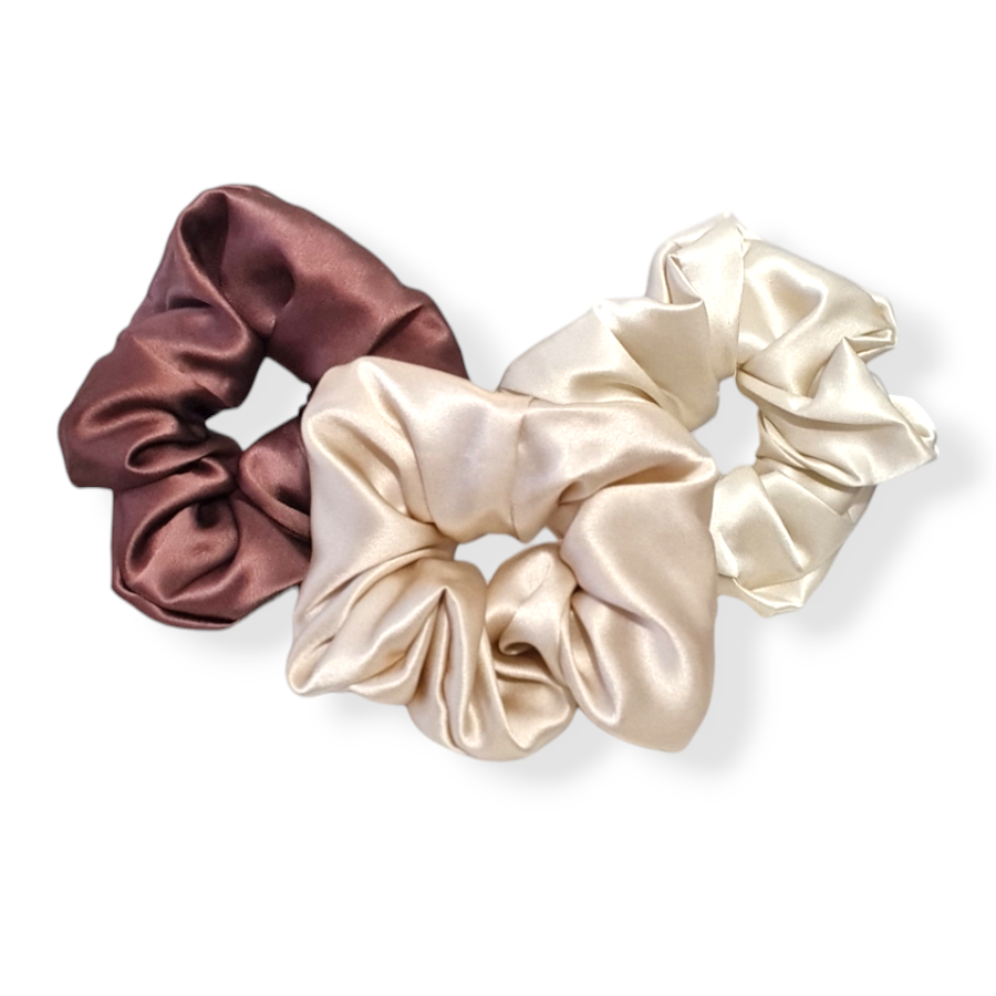 Trio de chouchous XL en soie de mûrier MYSILK – lot 3 chouchous champagne beige coffee