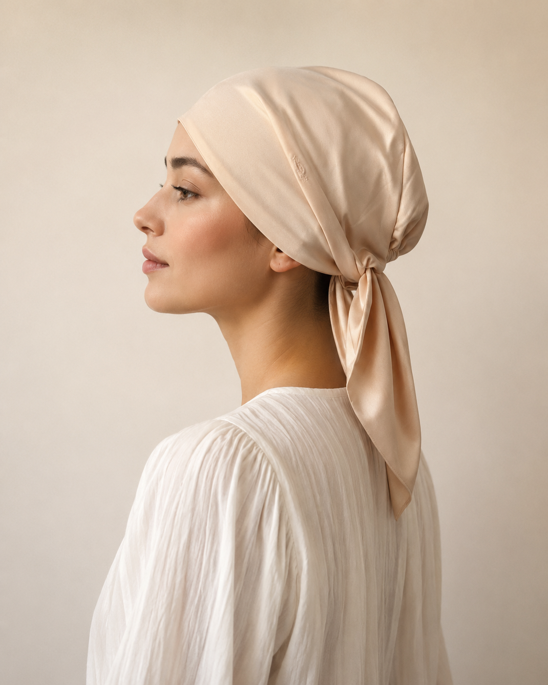 Femme portant le Bonnet Sous Voile en Soie de Mûrier MYSILK